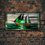 Emerald Green and Gold Art Deco Sail Boat, Framed Canvas Print, Retro MCM Style Wall Art, Midcentury Modern, Vintage Style, Stained Glass