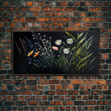 Meadow Flowers, Black Background, Framed Canvas Print, Floral Study Watercolor Painting