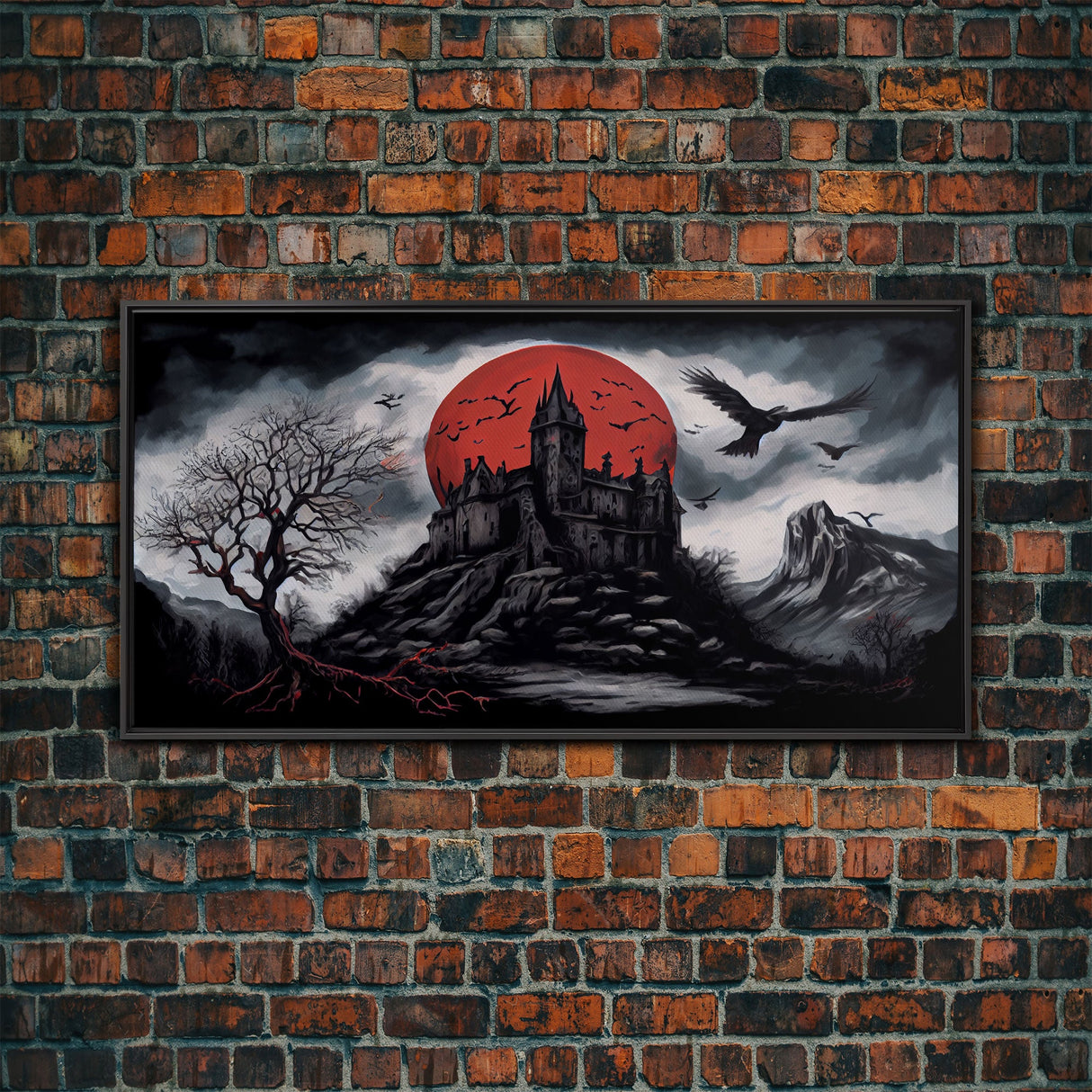 Horror Art, Haunted Castle and Blood Moon, Framed Canvas Print, Goth Art, Gothic Decor, Cool Wall Art