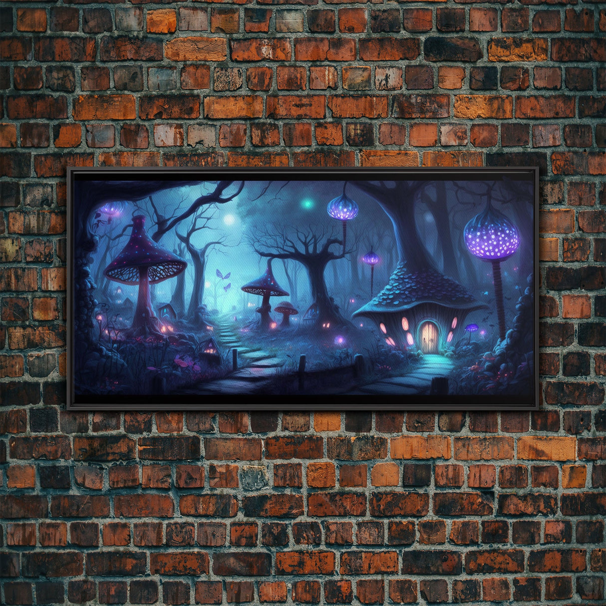 Magical Mushroom Fantasy Forest Wall Art, Framed Canvas Print, Game Room Art, Fantasy Decor