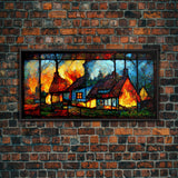 Stained Glass Cottage On Fire, Canvas print, negative art, house on fire depicted in stain glass, cool wall art