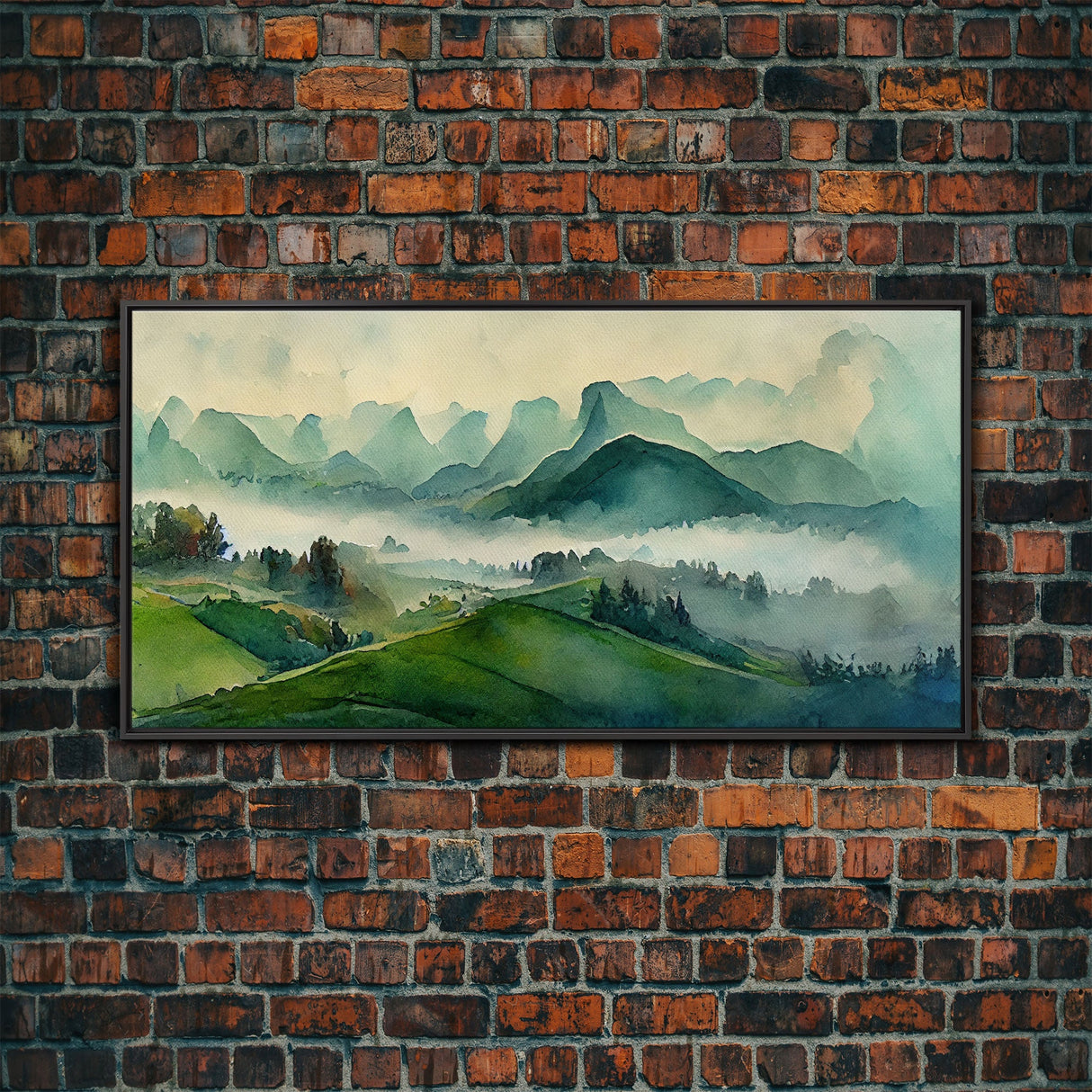 Green Blue Foggy Mountain Valley Watercolor Canvas Art Print, Panoramic Misty Rolling Hills Landscape, Extra Large Panorama Print