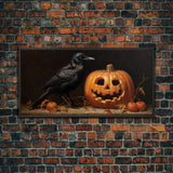 Spooky Crow Print, The Raven and The Jack O Lantern, Halloween Wall Art, Victorian Oil Painting