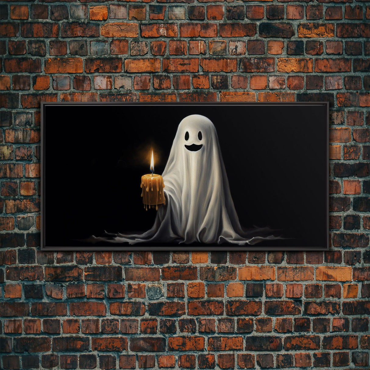 Silly Ghost Holding A Candle, Framed Canvas Print, Dark Academia Wall Art, Victorian Oil Painting Style Halloween Wall Art, Ghost Print