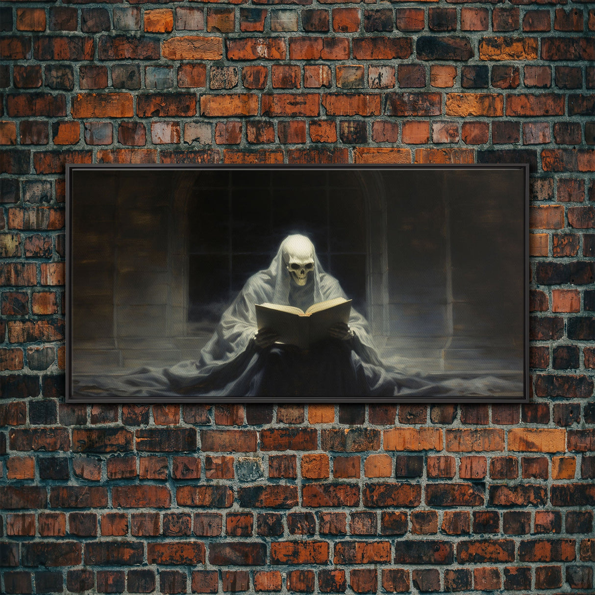 Grim Reaper Reading A Book In A Haunted Library, Framed Canvas Print, Victorian Oil Painting Style, Spooky Halloween Decor, Goth Art