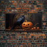 Spooky Crow Print, The Raven and The Jack O Lantern, Halloween Wall Art, Victorian Oil Painting, Dark Academia, Goth Art