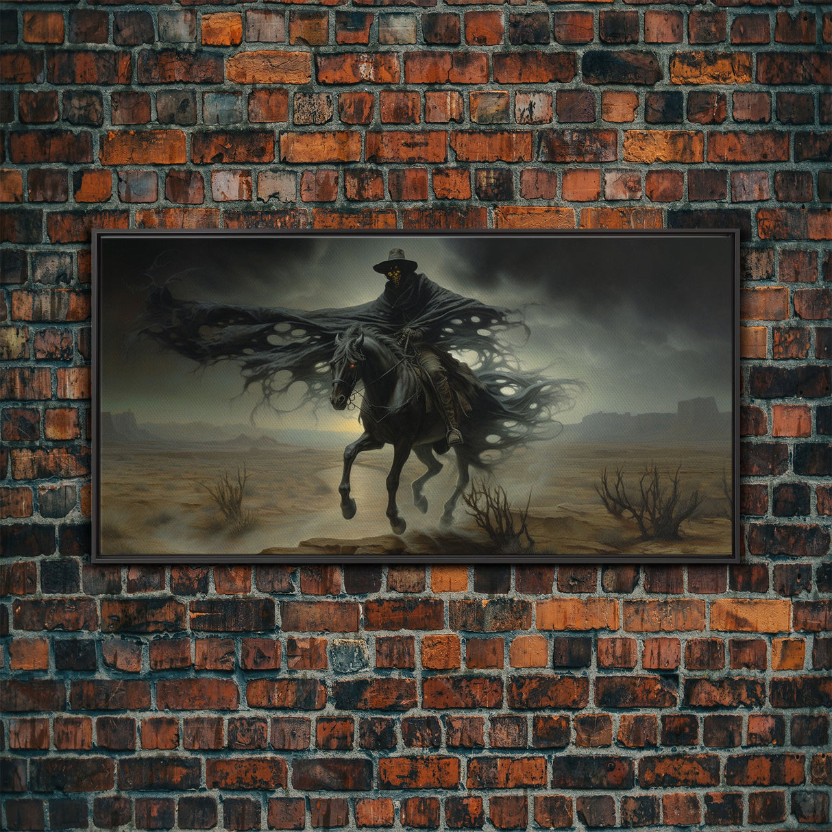 Ghost Cowboy Art, Framed Canvas Print, Halloween art, spooky decor, cowboy art, western decor, grim reaper on a horse in the desert