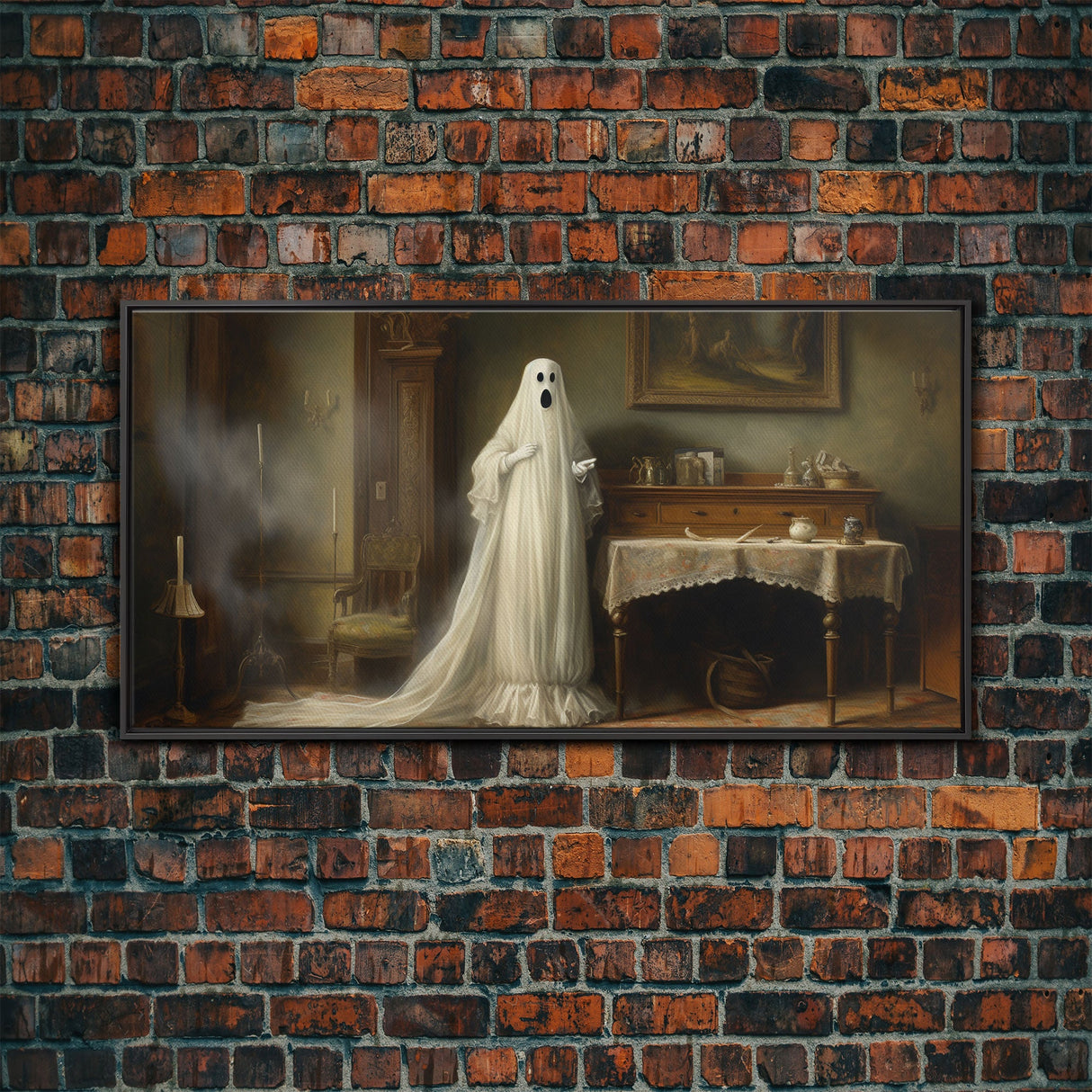 Sheet Ghost Wall Art, Framed Canvas Print, halloween decor, Halloween wall art,  ghost print, dark academia, victorian oil painting