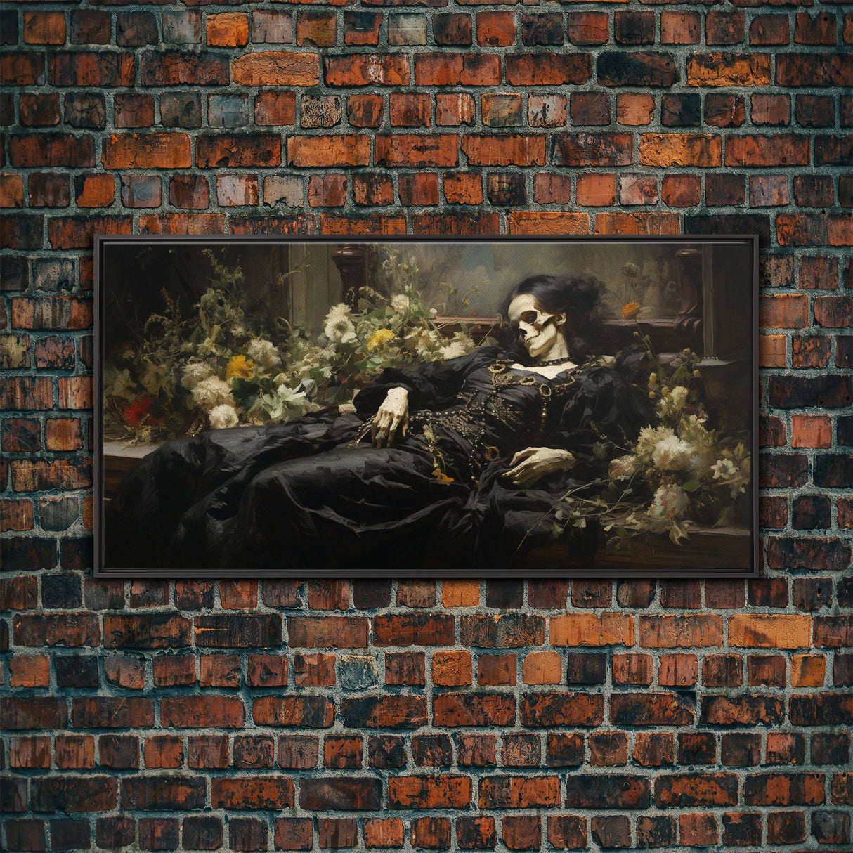 I'll Just Take A Quick Nap, Framed Canvas Print, Creepy Victorian Oil Painting, Halloween Art Prints, Skeleton Painting