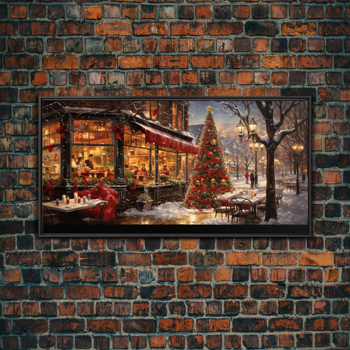 Retro 50s Diner Decorated For Christmas, Framed Canvas Print, Christmas Wall Art, Christmas Decor, Mom Christmas Gift, Christmas Village