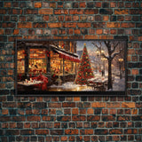 Retro 50s Diner Decorated For Christmas, Framed Canvas Print, Christmas Wall Art, Christmas Decor, Mom Christmas Gift, Christmas Village