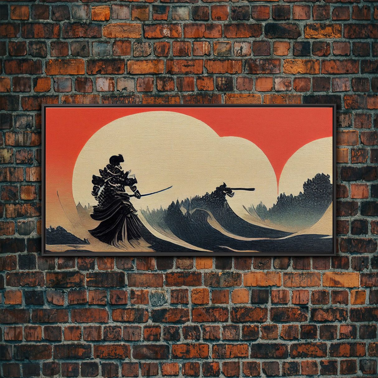 Japanese Samurai Fighting A Tidal Wave, ready to hang canvas print wall art, framed canvas wall art, mancave decor