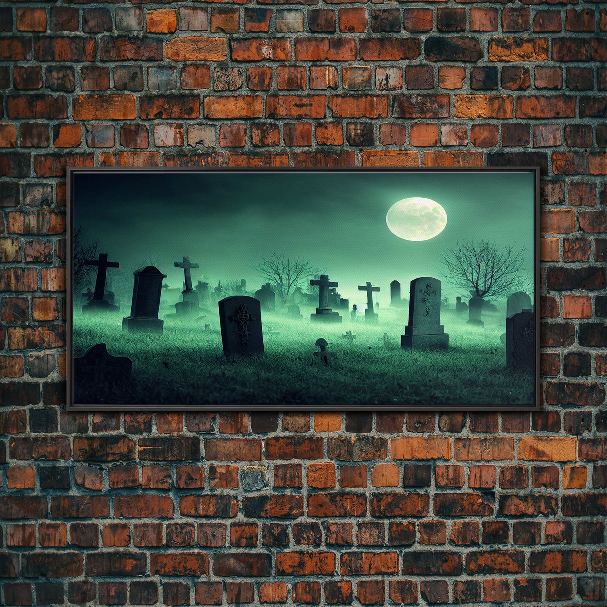 Full Moon Over A Haunted Cemetery At Night, Spooky Creepy Graveyard, ready to hang canvas print wall art, Halloween Art
