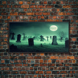 Full Moon Over A Haunted Cemetery At Night, Spooky Creepy Graveyard, ready to hang canvas print wall art, Halloween Art