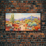 Southwestern Desert Landscape Print, Floral Print, Framed Canvas Art, Vibrant Cactus Desert Art, Mid-Century Modern, Pastel Desert Art
