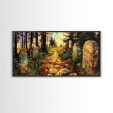 Haunted Cemetery In The Springtime, Framed Canvas Print, Colorful Halloween Decor, Halloween Wall Art