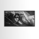 Surfer Waving A Skull and Crossbones Flag While Surfing - Framed Canvas Print - Cool Modern Art - Office / Mancave Decor Gift For Him