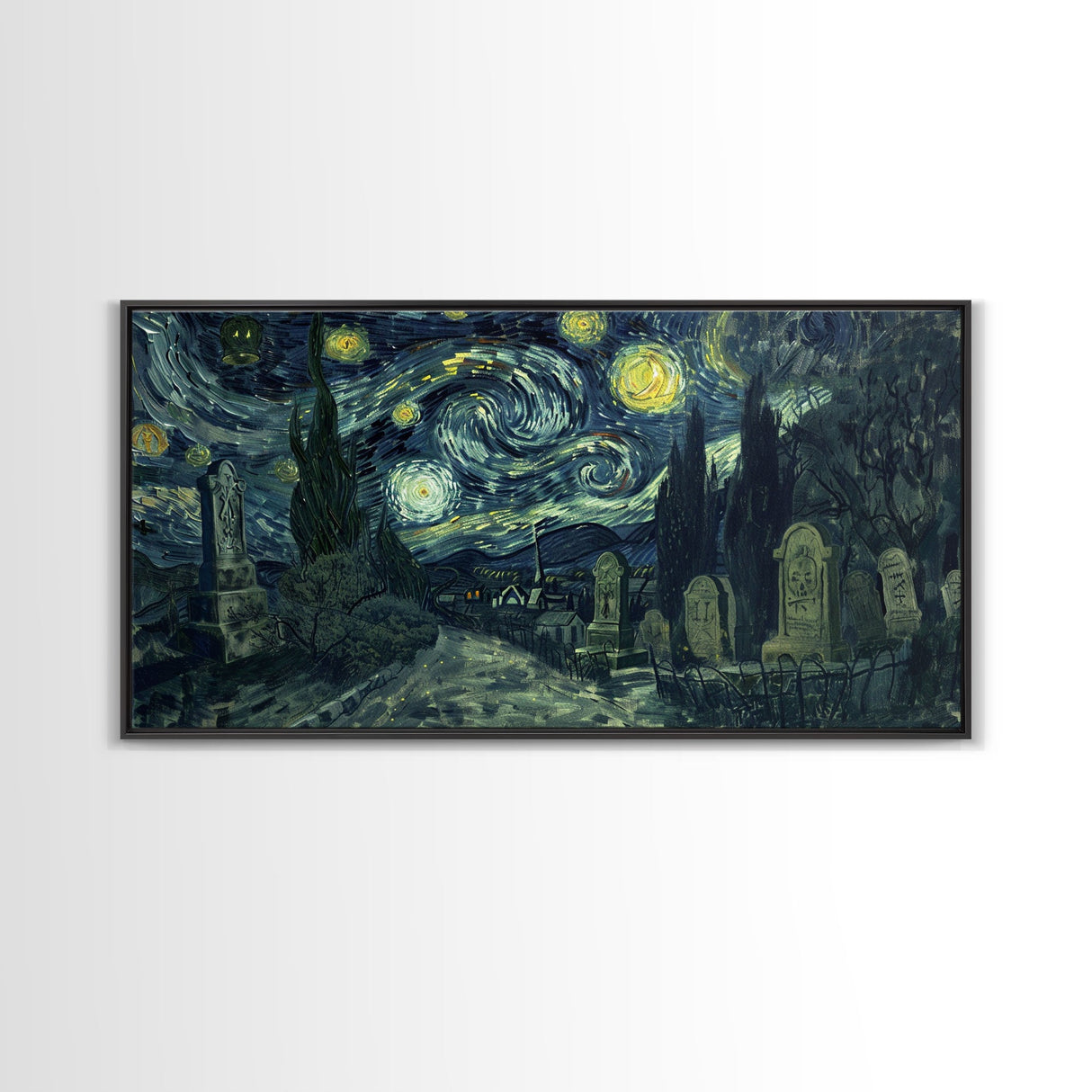 Spooky Vibes Cemetery Grave Yard, Framed Canvas Print, Halloween Decor, Spooky Month Wall Art