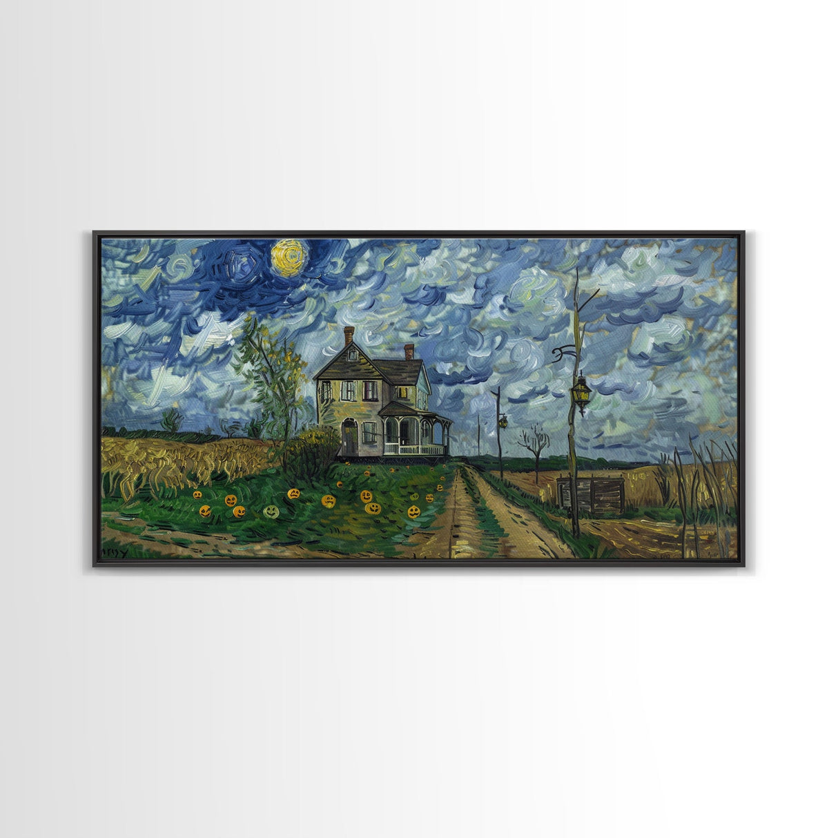 Haunted Countryside, Framed Canvas Print, Spooky Starry Night Inspired Halloween Wall Art