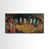 Colorful Haunted Grave Yard In The Spring Time, Framed Canvas Print, Spooky Wall Art, Halloween Spooky Season Decor