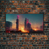 Cyberpunk city canvas, video game concept art, living room wall art, dystopian art, outrun style city at sunset, man cave art canvas print