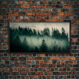 Framed Canvas Print, Pine Tree Forest, Misty Forest Landscape, Fog Covered Mountain, Nature Landscape Decor