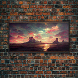 Mountain Sunset Oil Painting Canvas Print, Ready to hang gallery wrapped nature canvas print, synthwave style nature art