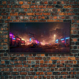 Destitute cyberpunk city with neon signs wall art, Bladerunner vibes art, synthwave style art, cool wall art