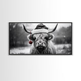 Highland Cow Wearing Santa Hat, Festive and Fun Framed Canvas Print for Holiday Wall Art, Living Room or Bedroom Decor
