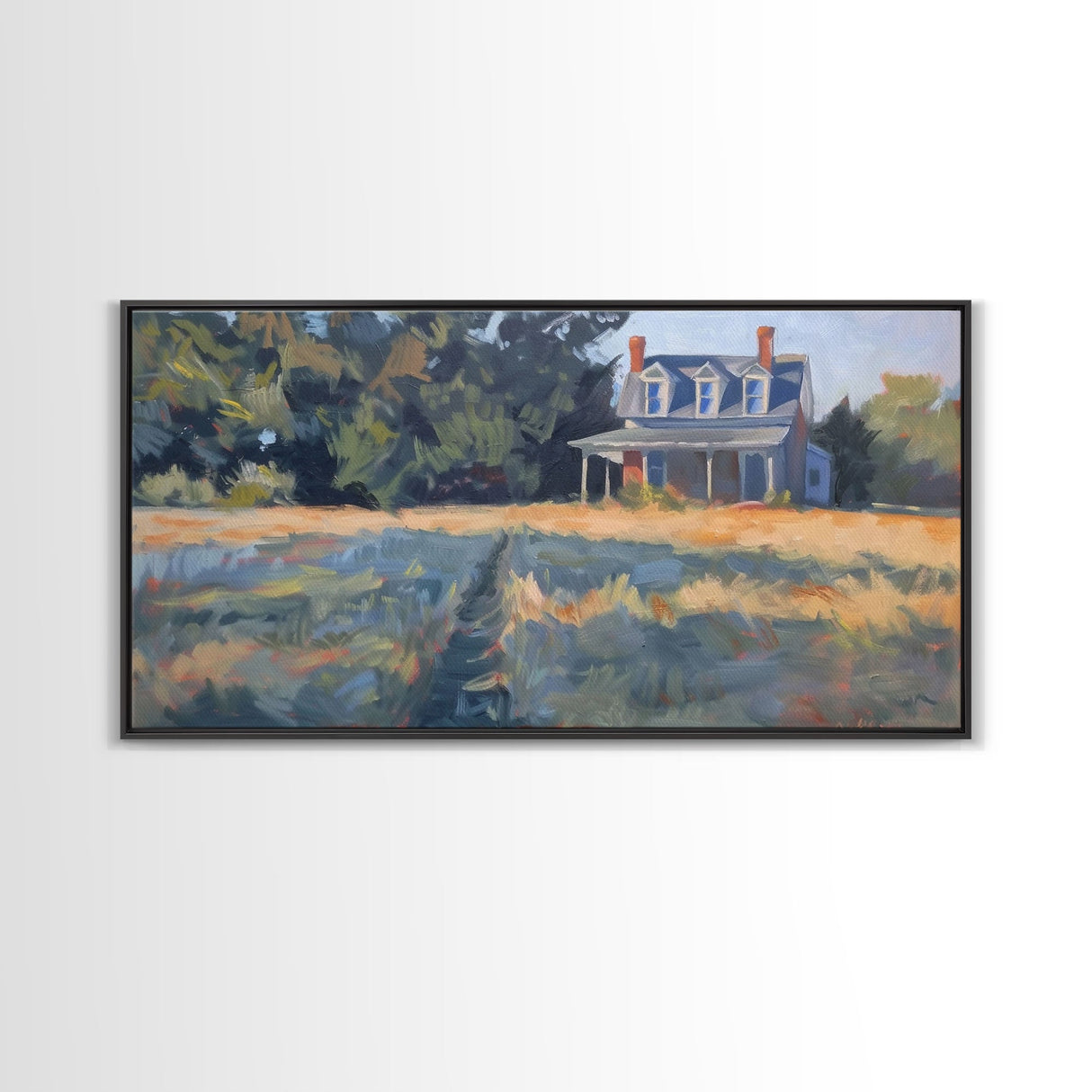 Serene Farmhouse at Dusk, Framed Canvas Print, Great for Living Room Art, Country Home Decor, Relaxing Bedroom Wall Art