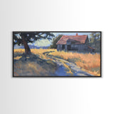 Quaint House on Country Road, Framed Canvas Print, Perfect for Living Room Art, Rustic Home Decor, Serene Bedroom Wall Art