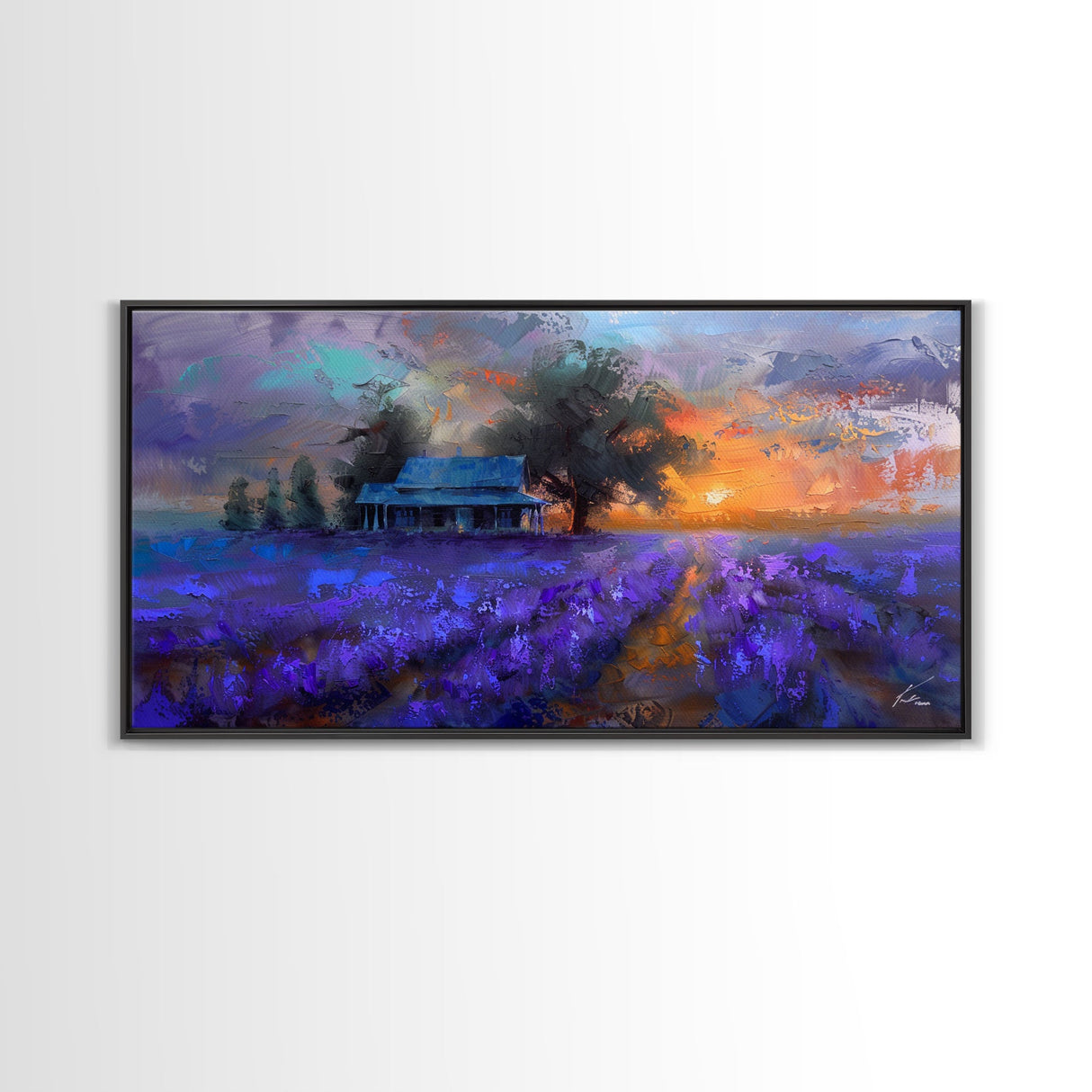 Lavender Field at Dusk, Moody Landscape Art, Framed Canvas Print, Boho Decor, Lavender Art, Rustic Bedroom Decor