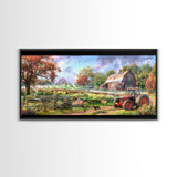 Tranquil Farm Scene with Red Barn and Tractor, Idyllic Rural Art, Framed Canvas Print, Country Wall Decor, Living Room Decoration