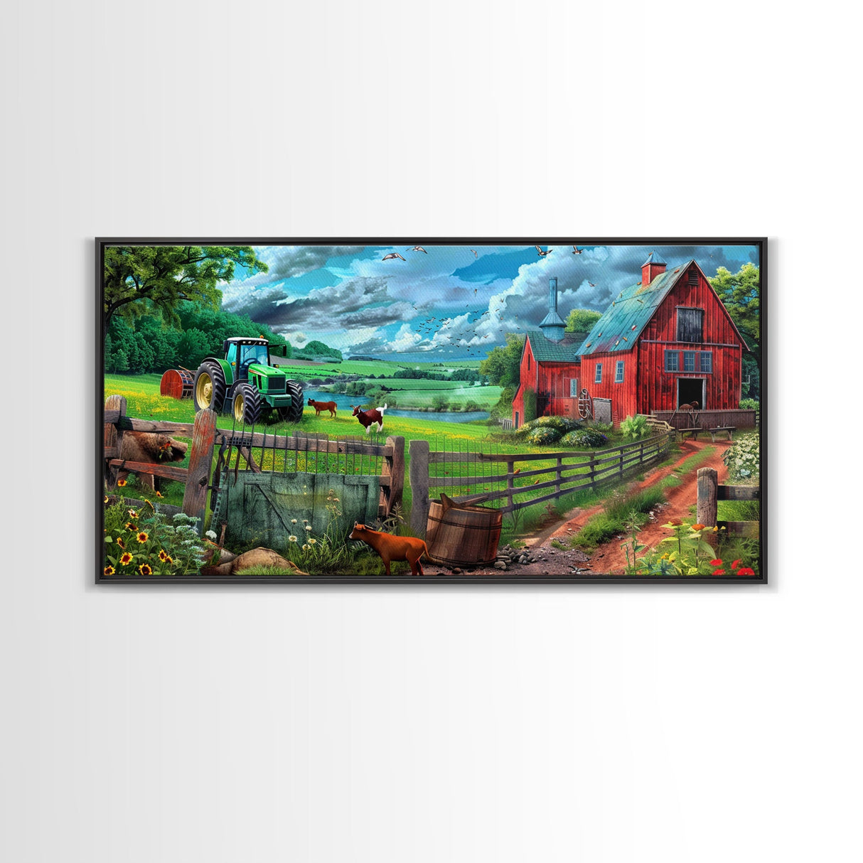 Green Tractor and Red Barn with Farm Animals, Vibrant Rural Art, Framed Canvas Print, Country Wall Decor, Living Room Decoration