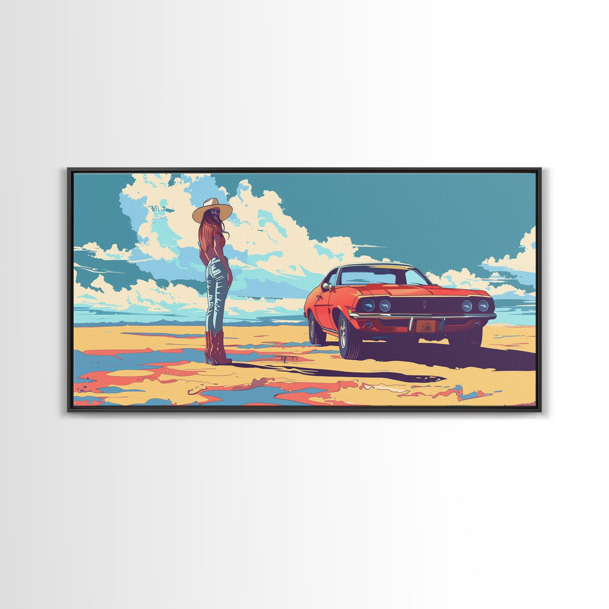 Stylized Cowgirl with Red Car in Vast Desert, Framed Canvas Print for Bedroom, Ideal Living Room Art, Retro Wall Decor