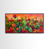 Bright Desert Flowers and Cacti with Mountains, Vibrant Framed Canvas Print for Home, Boho Wall Art, Nature Lover's Decor