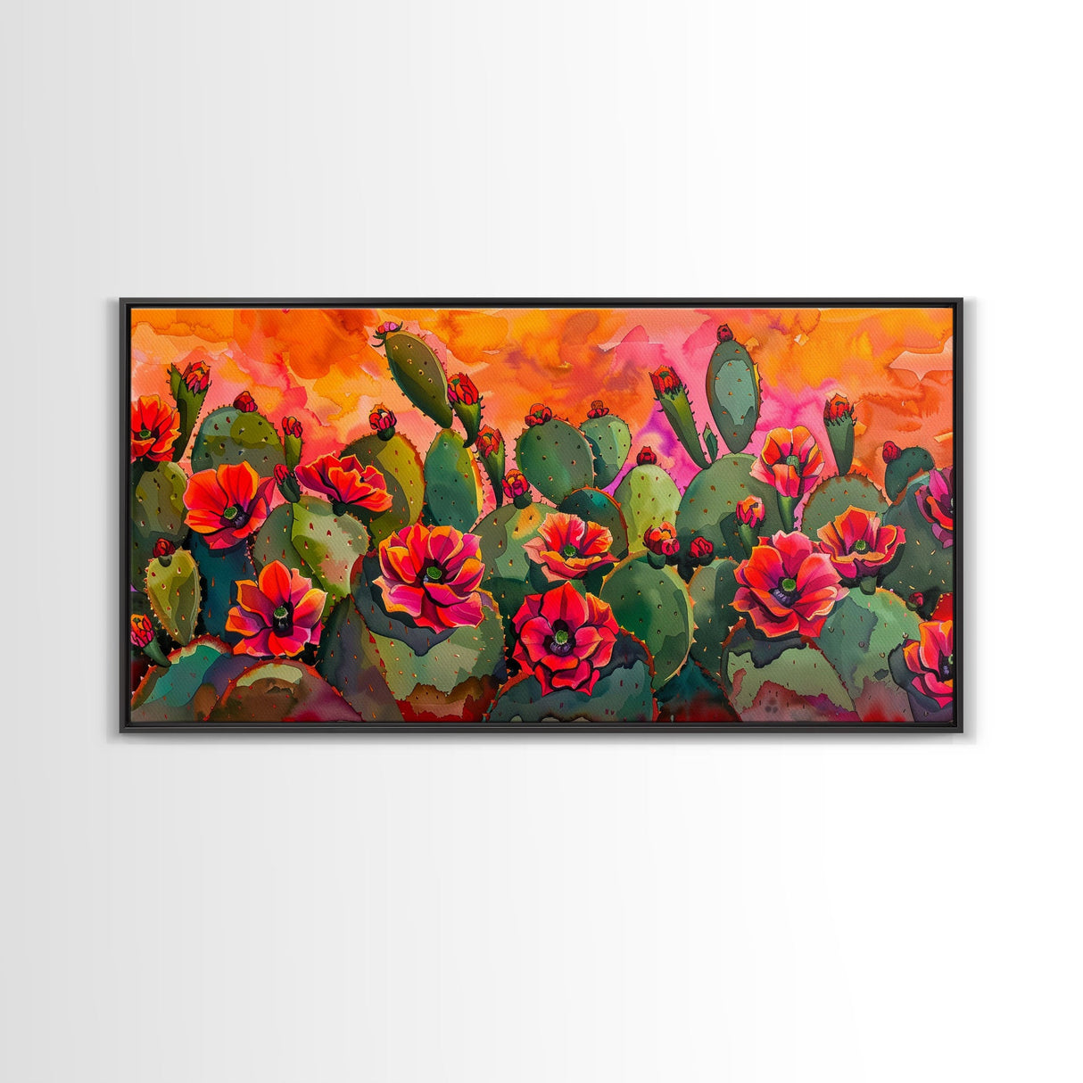 Lush desert landscape with blooming cacti at sunset, Framed Canvas Print, ideal for minimalist living room, wall art decor