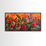 Lush desert landscape with blooming cacti at sunset, Framed Canvas Print, ideal for minimalist living room, wall art decor