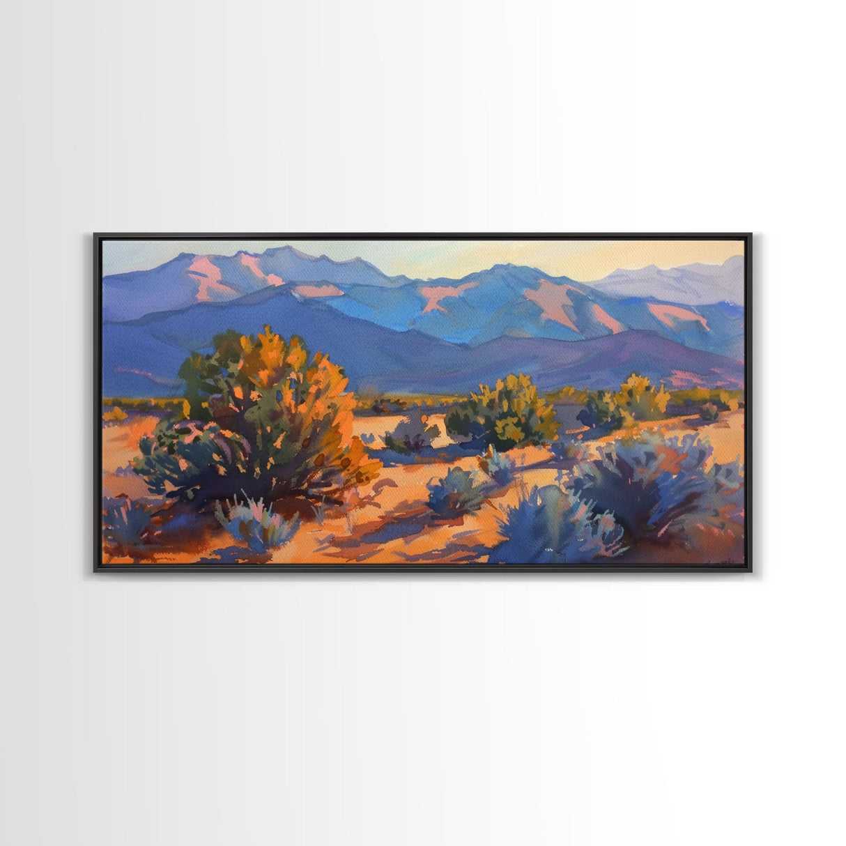 Serene Desert Landscape with Mountains, Beautiful Living Room Art, Framed Canvas Print, Farmhouse Style, Rustic Wall Decor