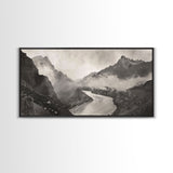 River Flowing through Mountain Valley, Black and White Framed Canvas Print for Farmhouse Bedroom Wall Art, Home Decoration, Scenic Nature