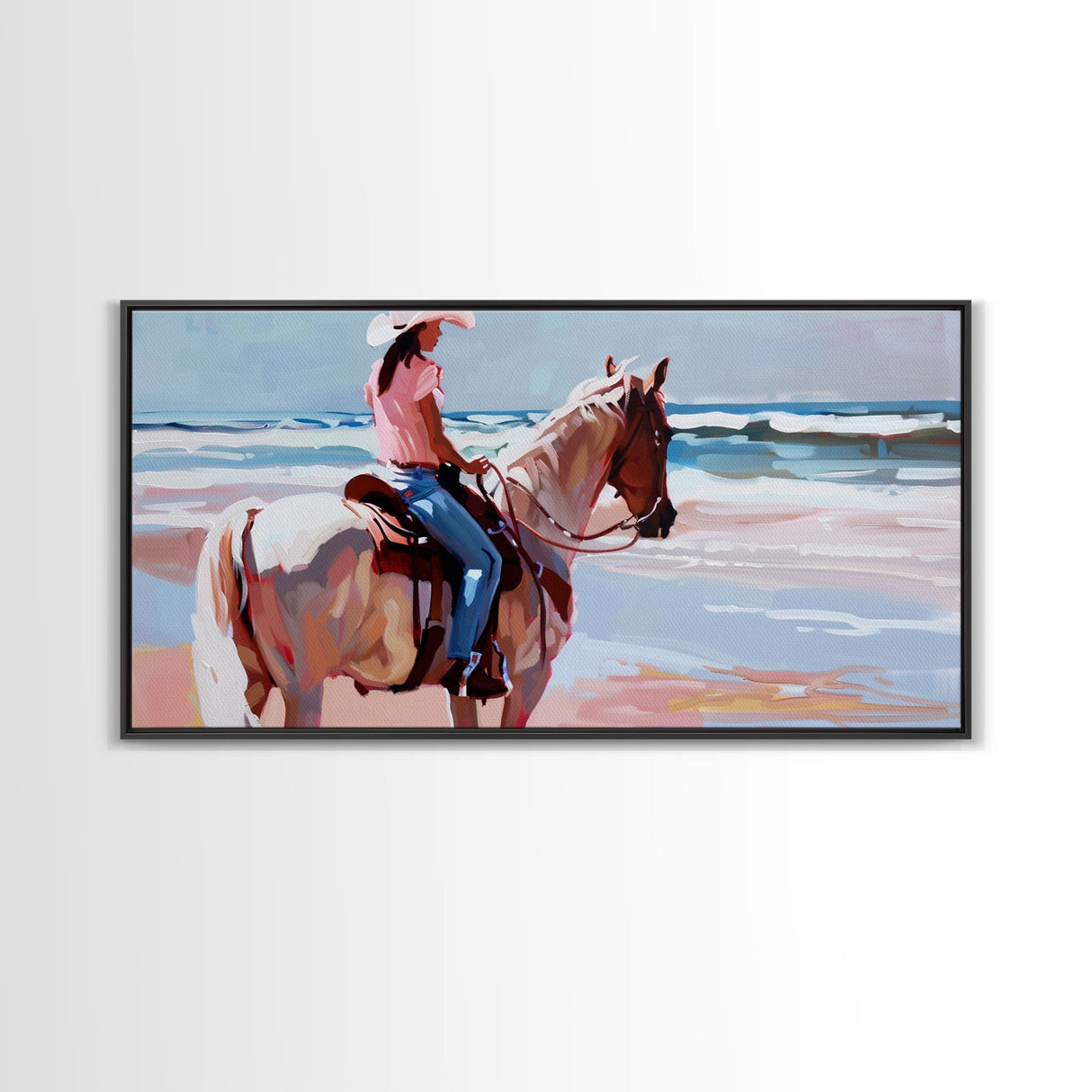 Horseback Riding by the Sea, Calm Framed Canvas Print, Perfect for Coastal Living Room Art, Beach Bedroom Decor, Equestrian Wall Art