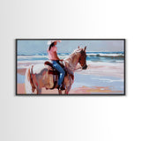Horseback Riding by the Sea, Calm Framed Canvas Print, Perfect for Coastal Living Room Art, Beach Bedroom Decor, Equestrian Wall Art