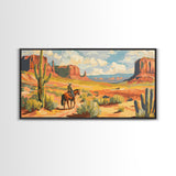 Cowboy in Desert Valley, Framed Canvas Print for Rustic Living Room Decor, Western Art for Home and Bedroom Decoration