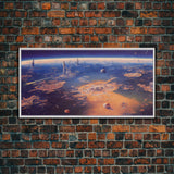 Bird's eye view of a futuristic city-planet, cool scifi art, framed canvas print, ready to hang framed wall art