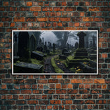 Moss Covered Cemetary, Haunted Graveyard Photography, Halloween Decor, Framed Canvas Print, Halloween Wall Art