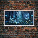 Magical Enchanted Fairy Forest, Fantasy Art, Framed Canvas Print, Bioluminescent Butterflies in an Enchanted Forest, Glowing Art