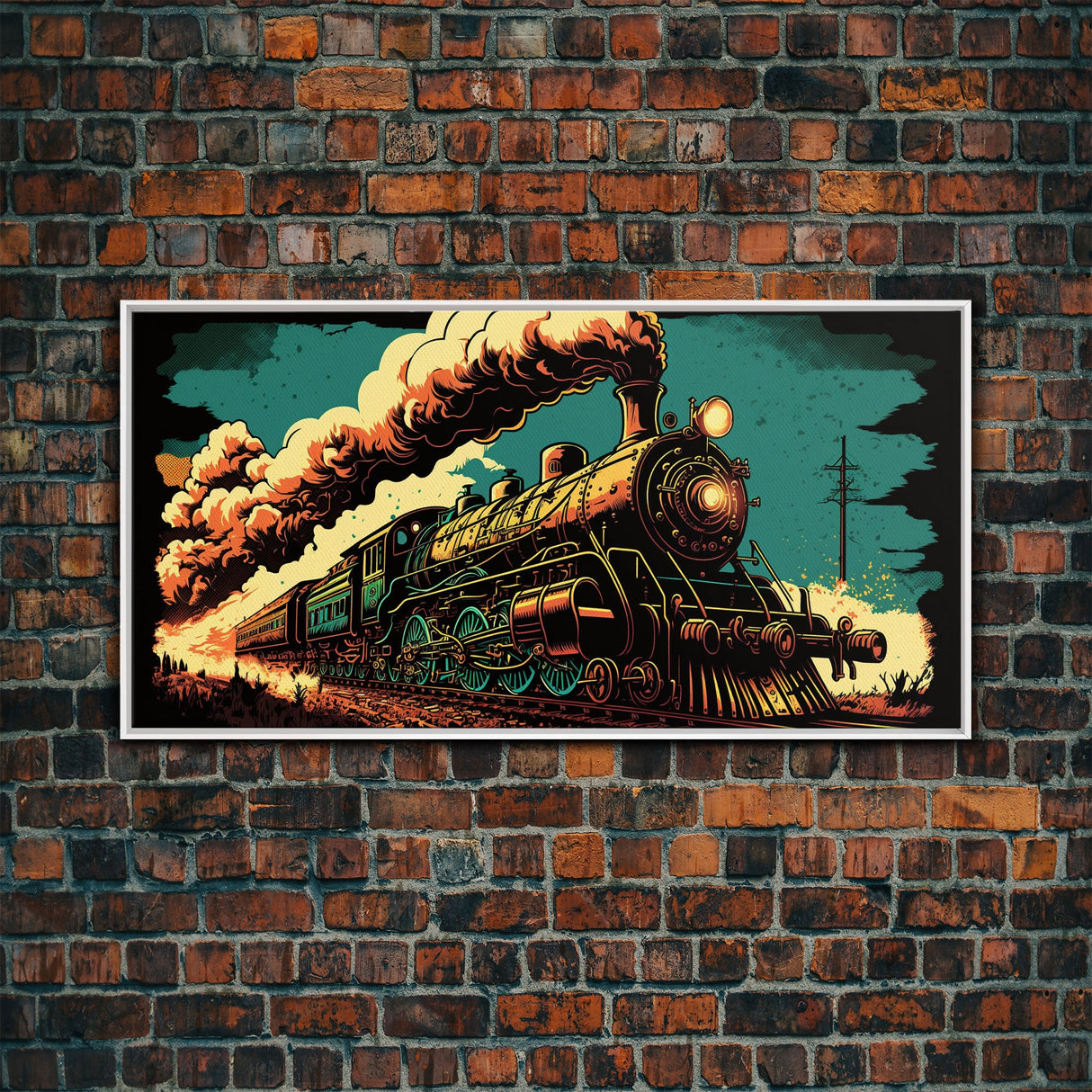 Pop Art Steam Train, Framed Canvas Print, Cool Wild West Decor, Western Art, Framed Colorful Pop Art