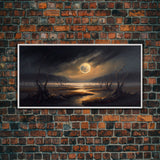 Midnight In The Swamp, Framed Canvas Print, Fantasy Art Canvas, Wall Art, Game Room Art, Full moon