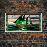 Emerald Green and Gold Art Deco Sail Boat, Framed Canvas Print, Retro MCM Style Wall Art, Midcentury Modern, Vintage Style, Stained Glass
