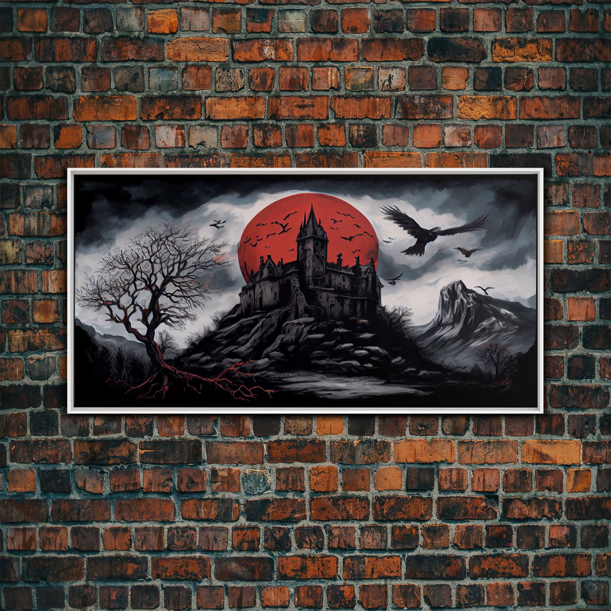 Horror Art, Haunted Castle and Blood Moon, Framed Canvas Print, Goth Art, Gothic Decor, Cool Wall Art
